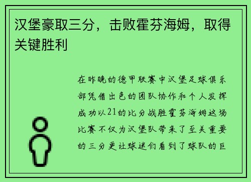 汉堡豪取三分，击败霍芬海姆，取得关键胜利