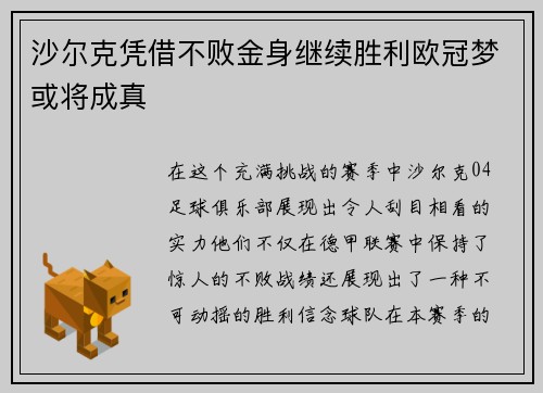 沙尔克凭借不败金身继续胜利欧冠梦或将成真