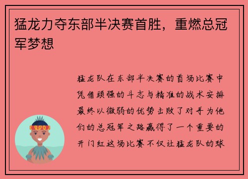 猛龙力夺东部半决赛首胜，重燃总冠军梦想