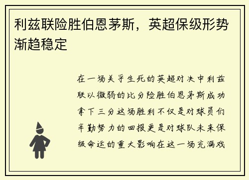 利兹联险胜伯恩茅斯，英超保级形势渐趋稳定