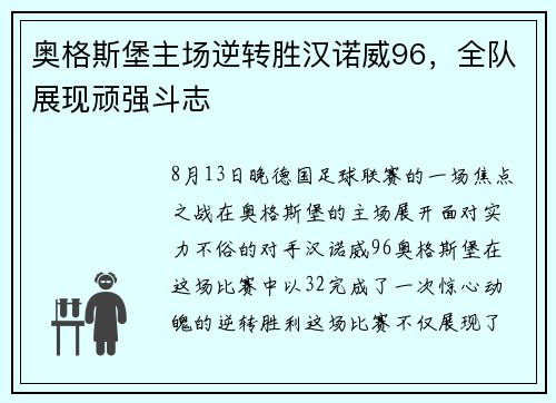 奥格斯堡主场逆转胜汉诺威96，全队展现顽强斗志